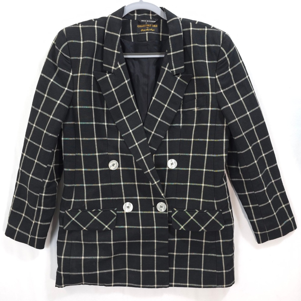 Collectible Gold Giorgio Sant Angelo Lined Blend Plaid Blazer Women 10 Black Vtg